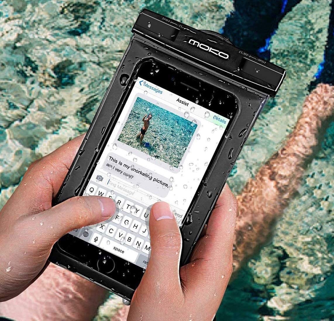 a person in water using their phone while it is inside of the waterproof case