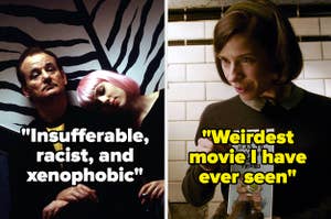 Bill Murray and Scarlett johansson in Lost in Translation labeled "Insufferable, racist, and xenophobic" and Elisa in The Shape of Water labeled "weirdest movie I have ever seen"