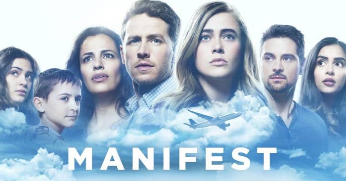 The cast of Manifest among the clouds with a plane in the foreground in a promotional image for the show