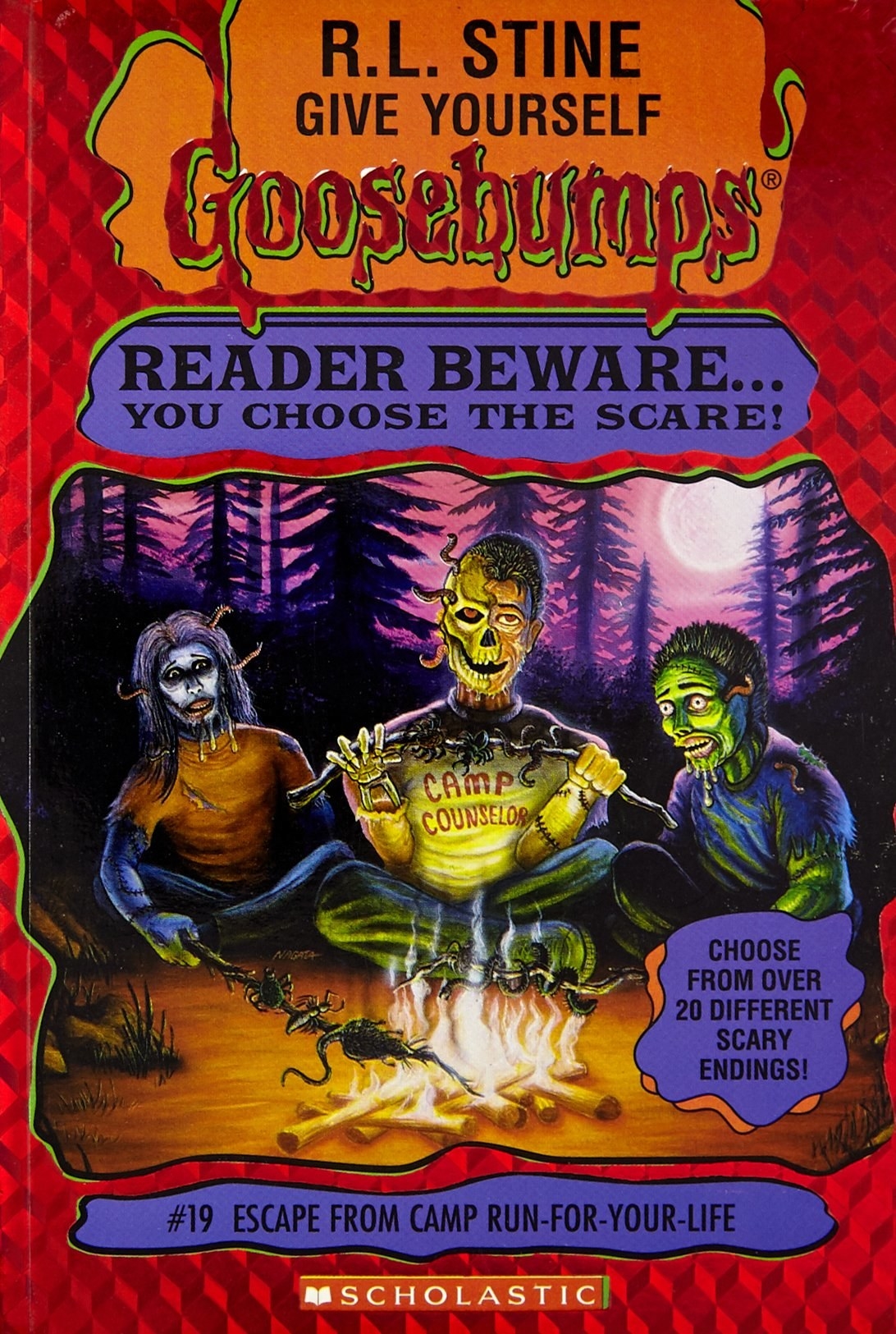 Photo of a book cover showing a half-skeleton man, zombie, and other creature, roasting snakes at a campfire