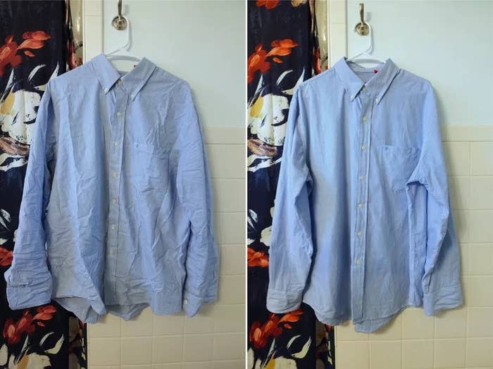 a reviewer photo of a blue dress shirt looking wrinkled on the left, and the same shirt with less wrinkles on the right