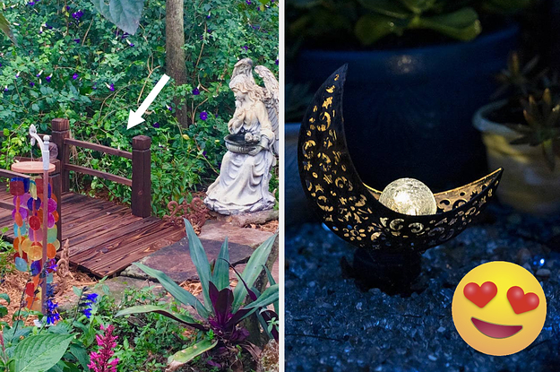 A split thumbnail of a foot bridge and a crescent moon garden stake