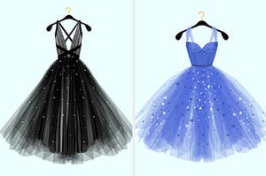 a black prom dress on the left and a blue prom dress on the right