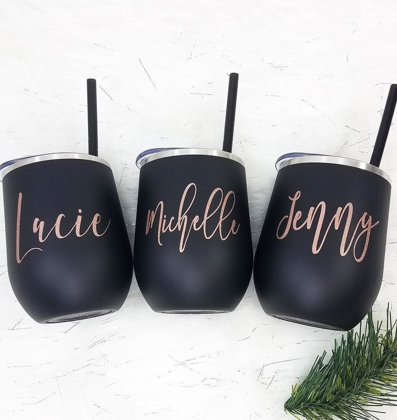 Three matte black wine tumblers with names on them
