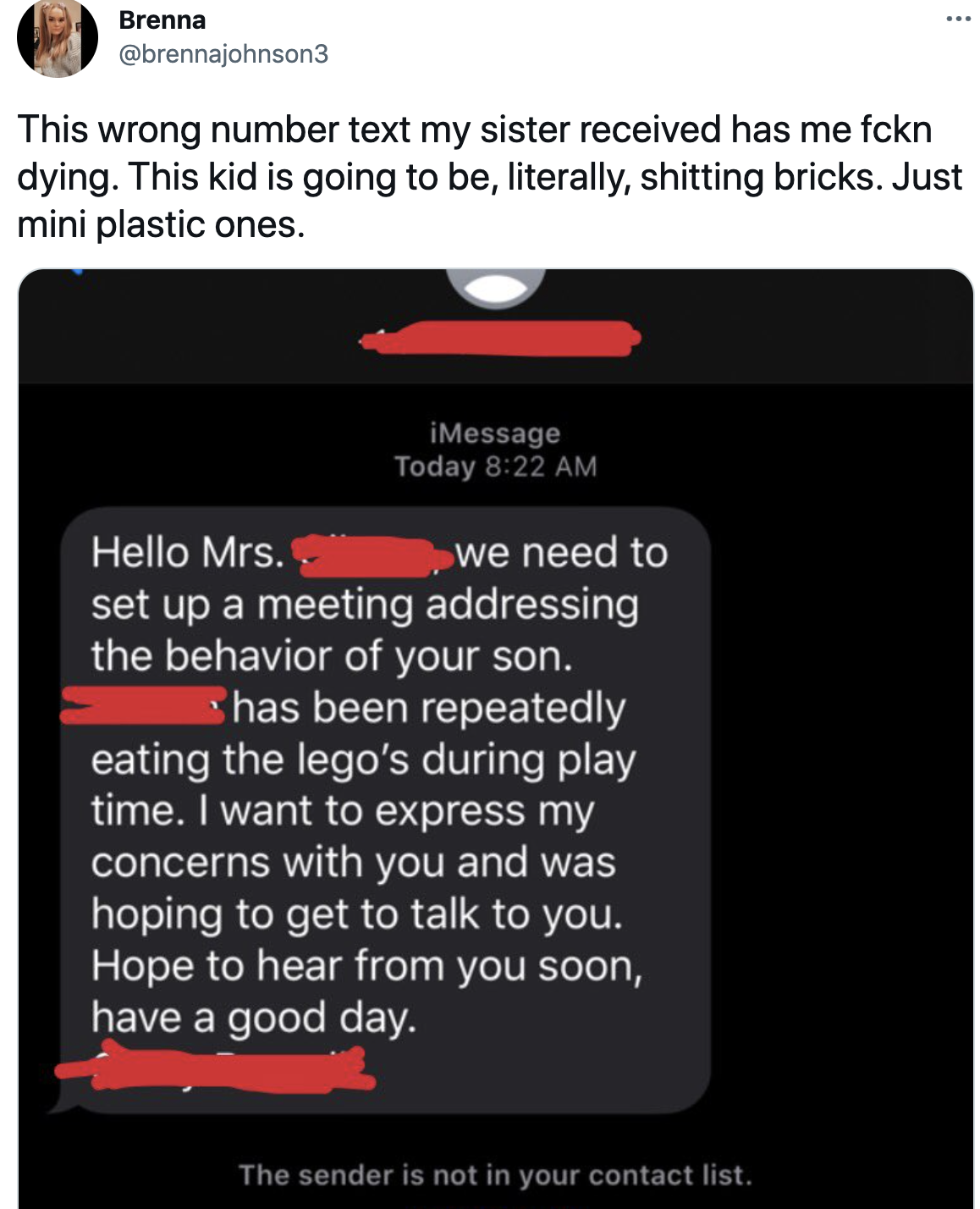 wrong number text from someone whose kid is eating legos