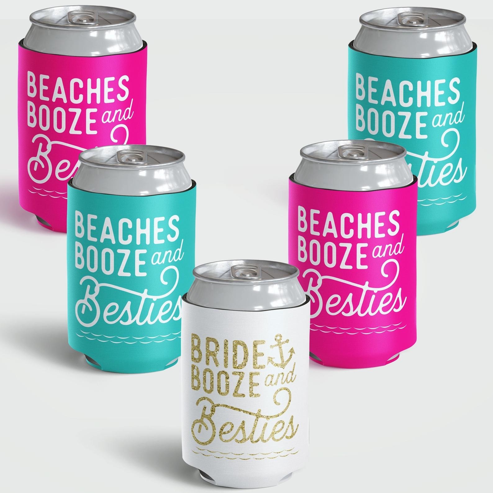 Five can coolers on cans in teal, hot pink, and white with the words &quot;Beaches, booze, and besties&quot; on them