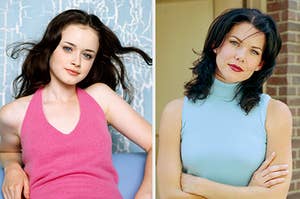 rory gilmore in a pink halter top on the left and lorelai in a blue turtleneck on the right