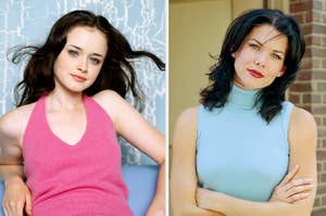 rory gilmore in a pink halter top on the left and lorelai in a blue turtleneck on the right