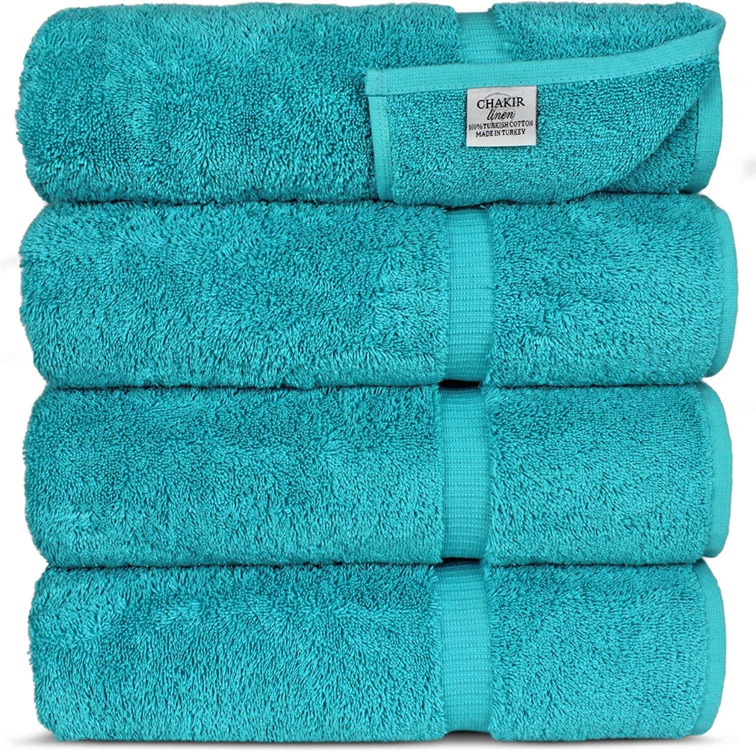 A stack of the towels in aqua blue