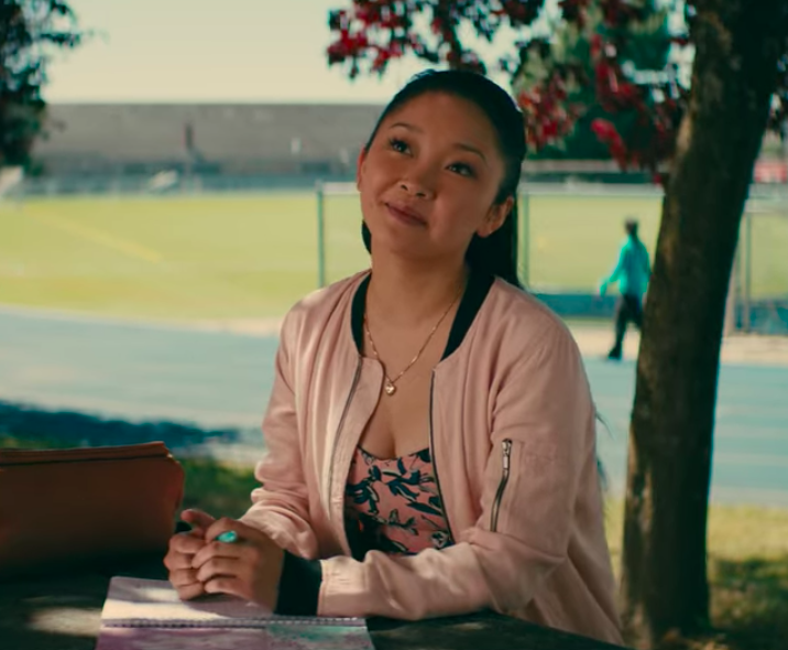 Lara Jean wearing a dress and a jacket