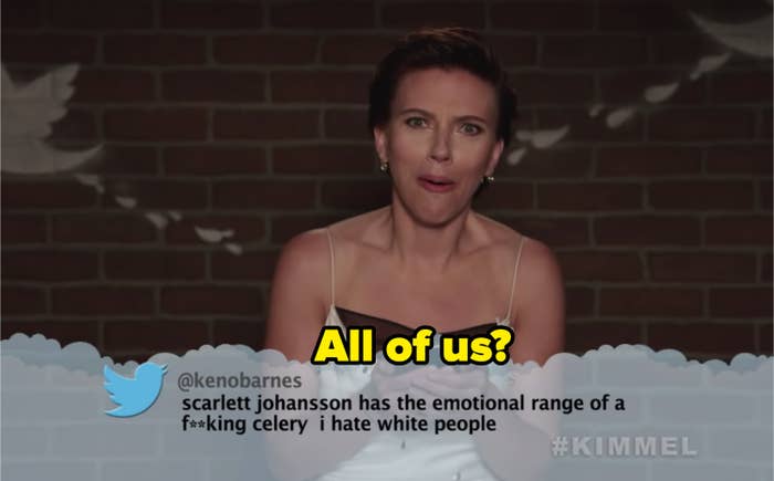Tweet reading "Scarlett Johansson has the emotional range of a fucking celery. I hate white people." Scarlett is visibly shocked but also laughing.