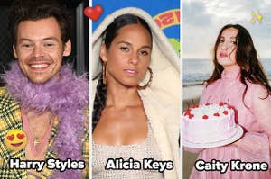 Three split photos: from left- Harry Styles, Alicia Keys and Caity Krone