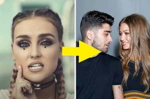 Still from "Shoutout to My Ex" Little Mix music video next to an image of Zayn Malik and Gigi Hadid