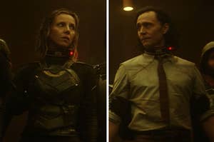 Sylvie and Loki stare at each other while wearing metal shock collars and being restrained by guards