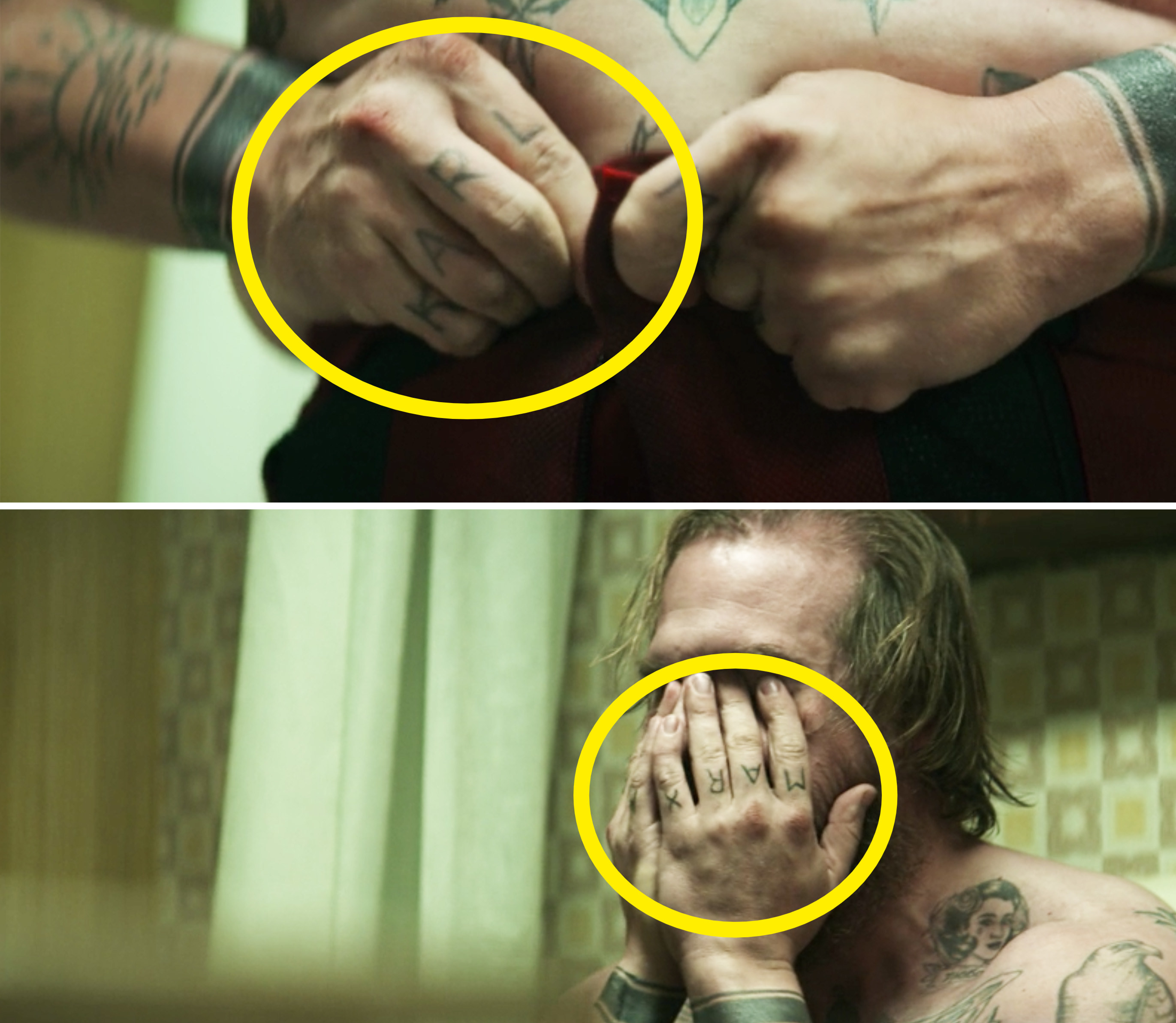 Close-ups of Karl written on Alexei&#x27;s right hand and Marx written on his left