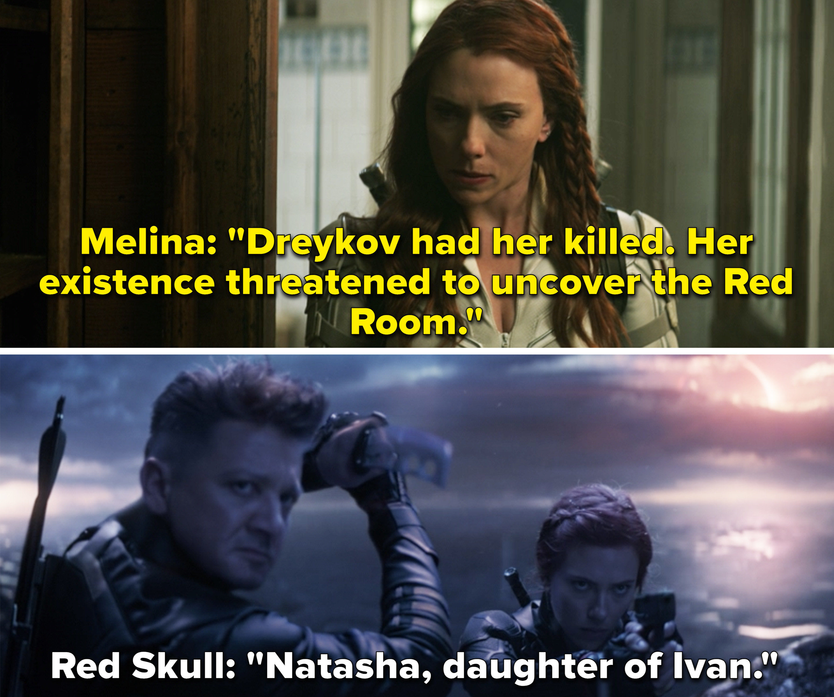 Melina telling Natasha Dreykov had her mother killed vs. Red Skull saying, &quot;Natasha, daughter of Ivan&quot;