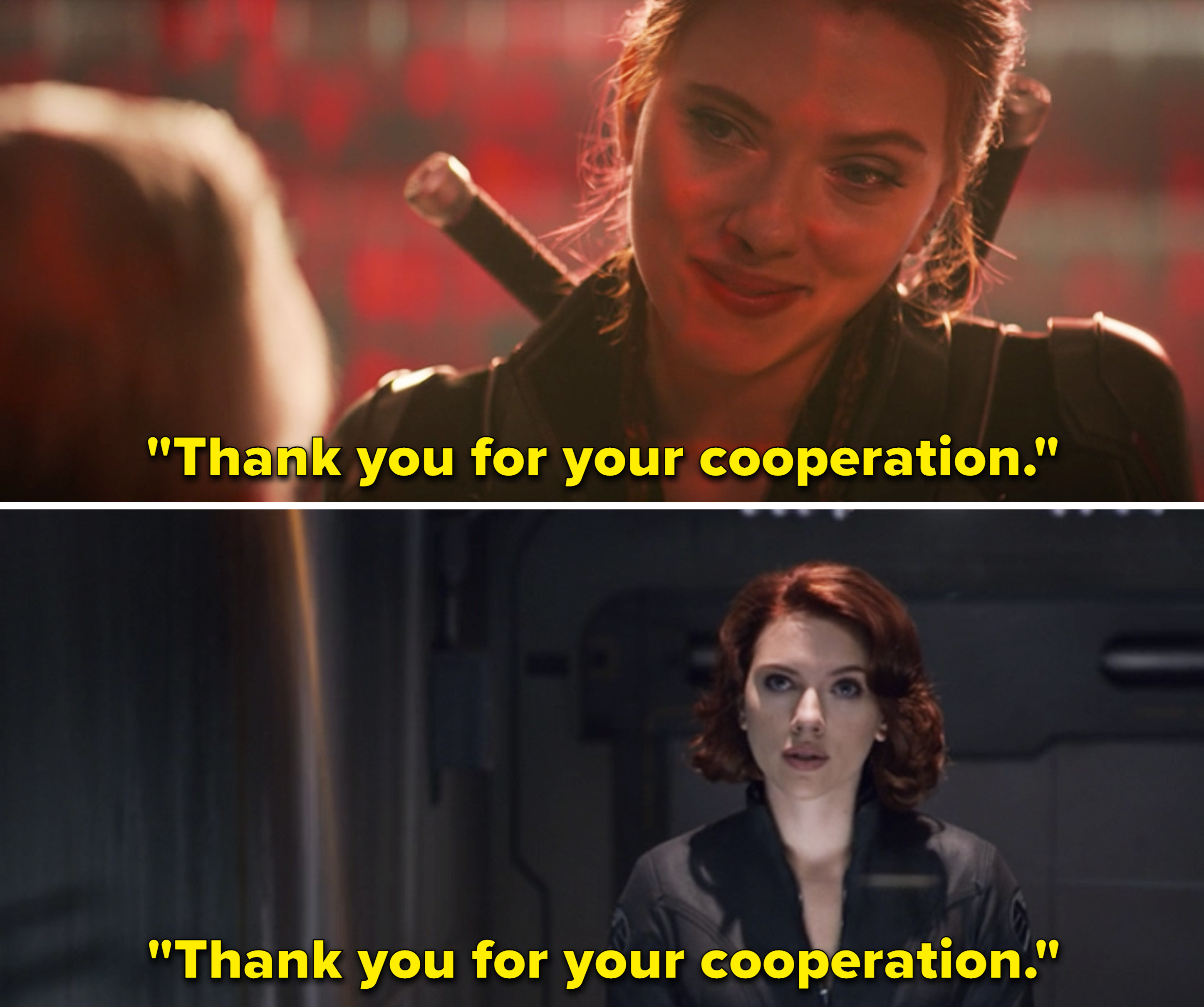 Natasha saying, &quot;Thank you for your cooperation&quot; in Black Widow vs. in The Avengers