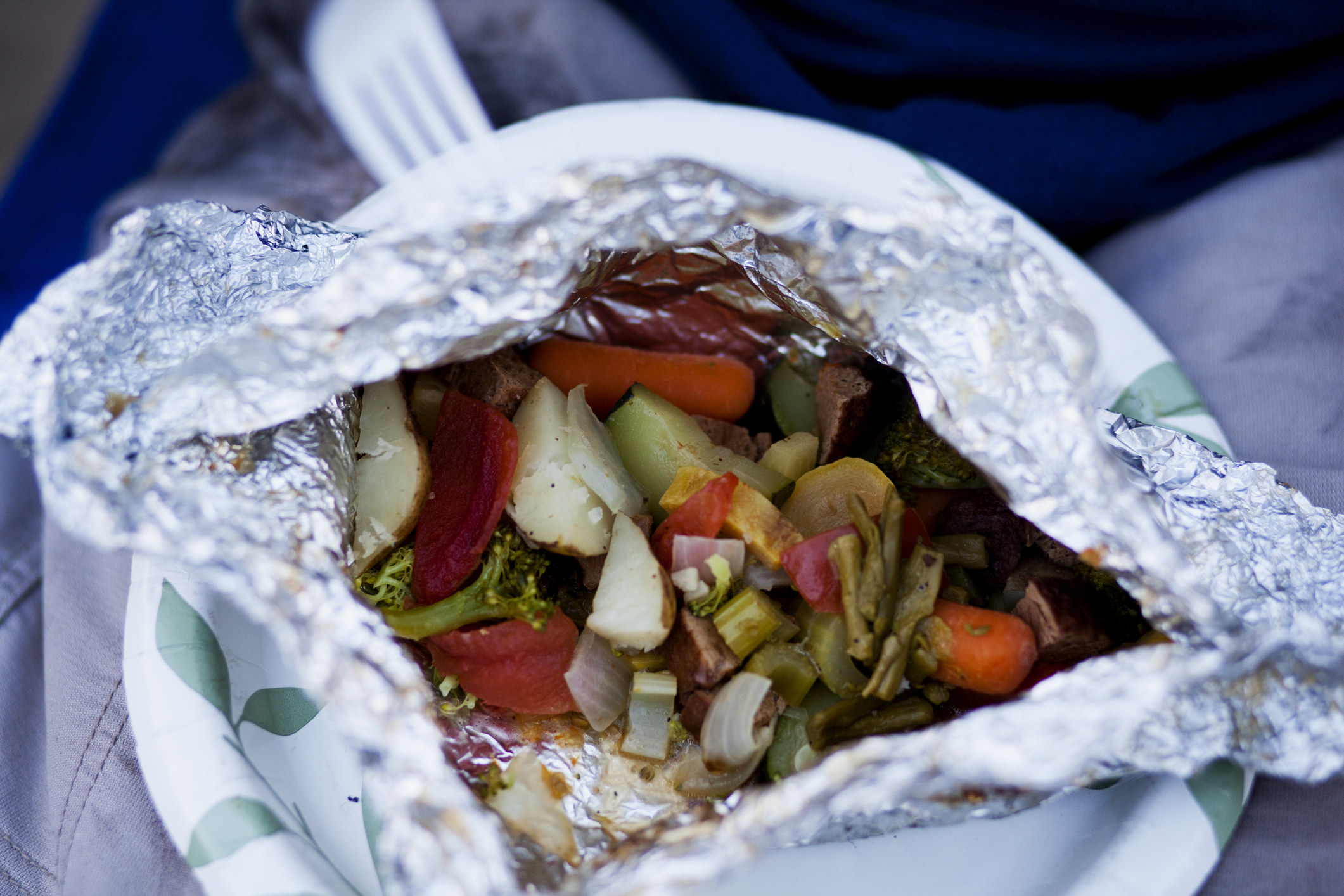 Vegetables in a foil packet.