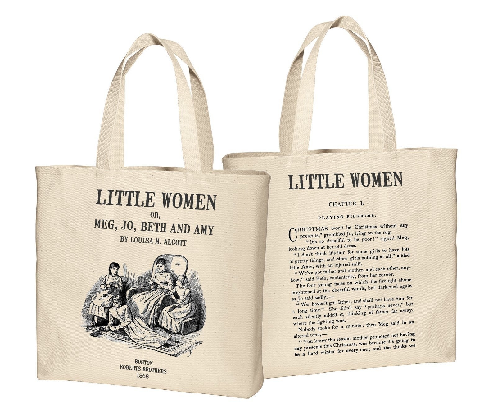 front and back of the little women canvas tote