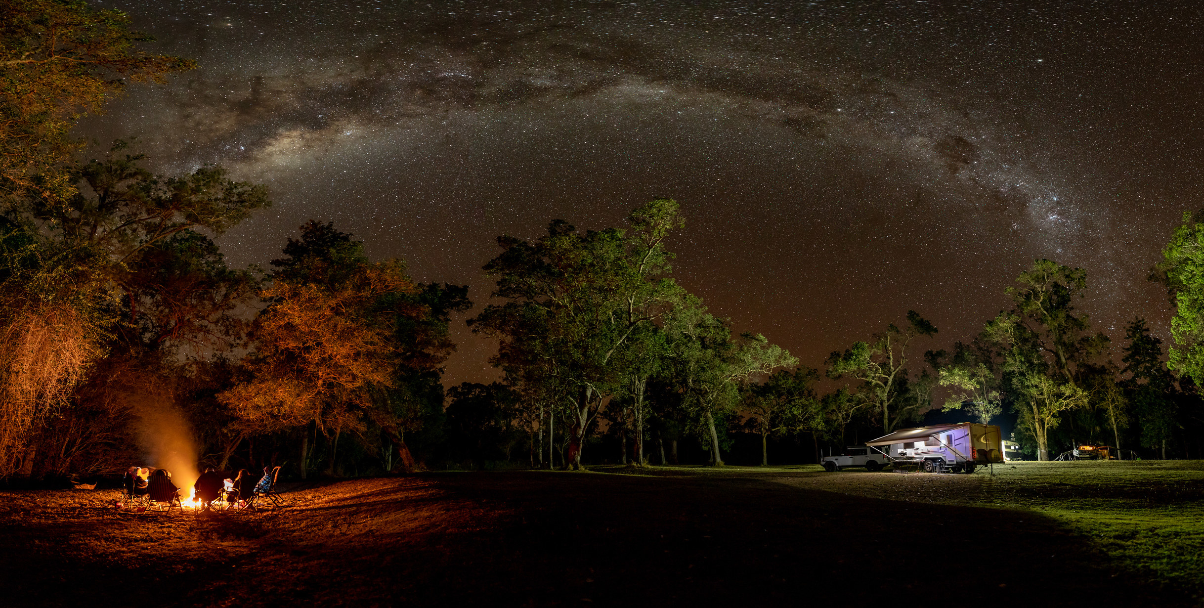 A group of friends camping under the stars.