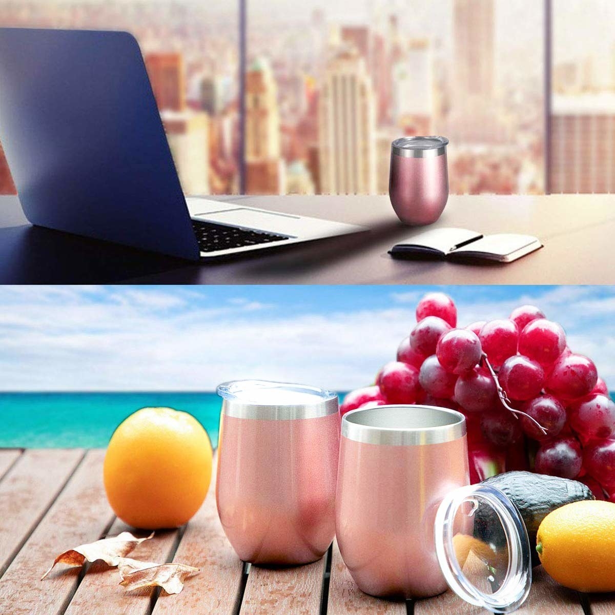 Two images showing a rose gold insulated wine tumbler. In the first image it is kept beside a laptop on a desk and in the second it is surrounded by fruits