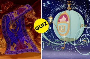 the magic carpet from aladdin on the left and the pumpkin carriage from cinderella on the right