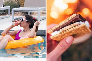 On the left, Cristin Milioti, sitting in an inner tube in a pool and drinking something out of a can as Sarah in "Palm Springs," and on the right, someone holding up a s'mores