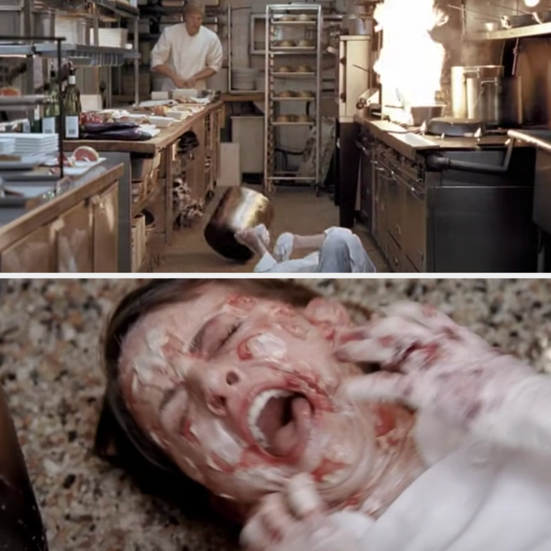 Woman tripping and spilling hot oil on her face, which then blisters