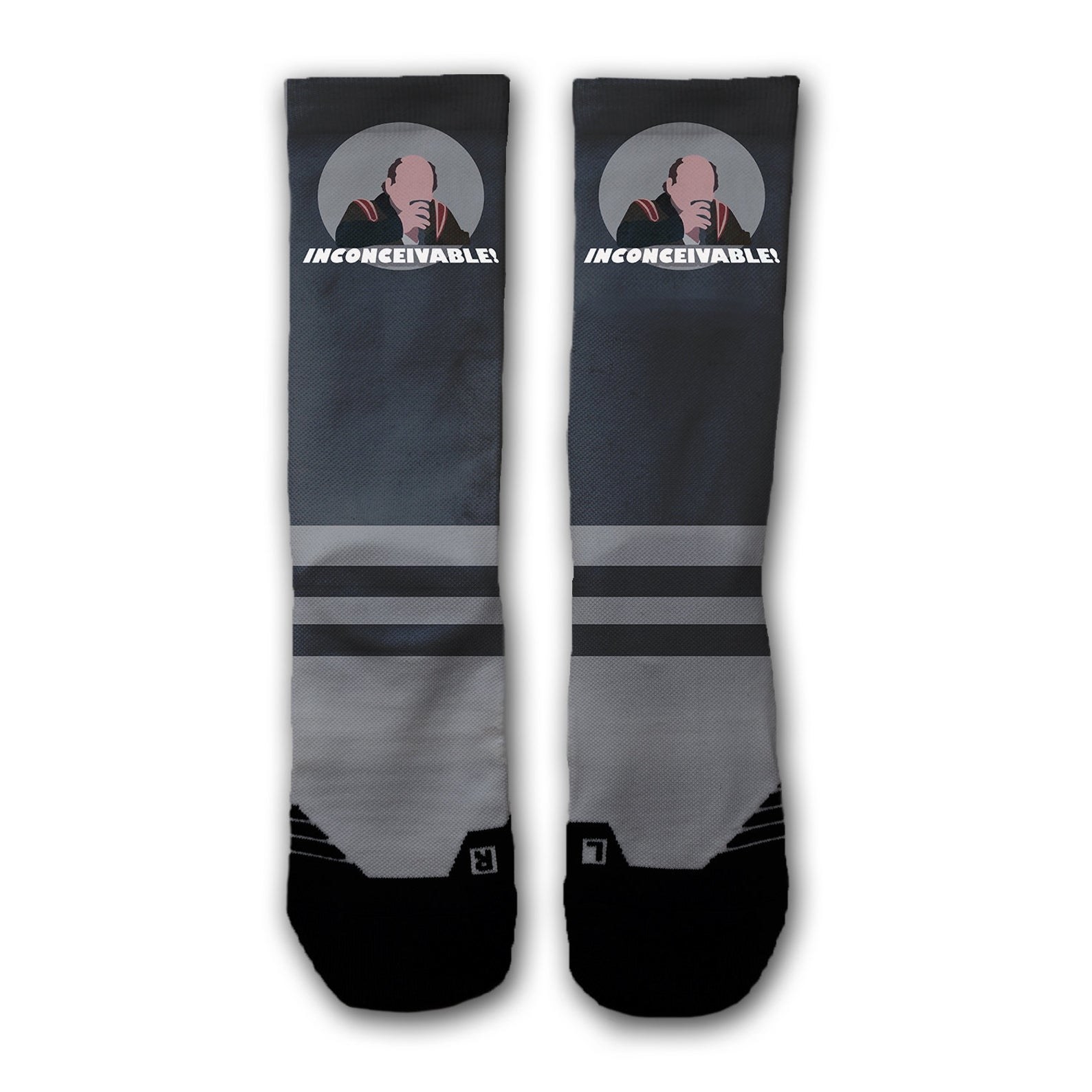 grey and black statement socks with a design of Vizzini and the word &quot;inconceivable!&quot; on the top