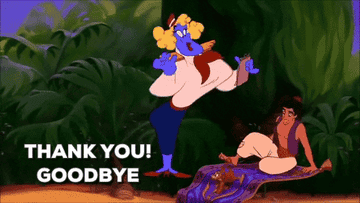a gif of the genie dressed as a flight attendant saying &quot;thank you goodbye!&quot; to aladdin