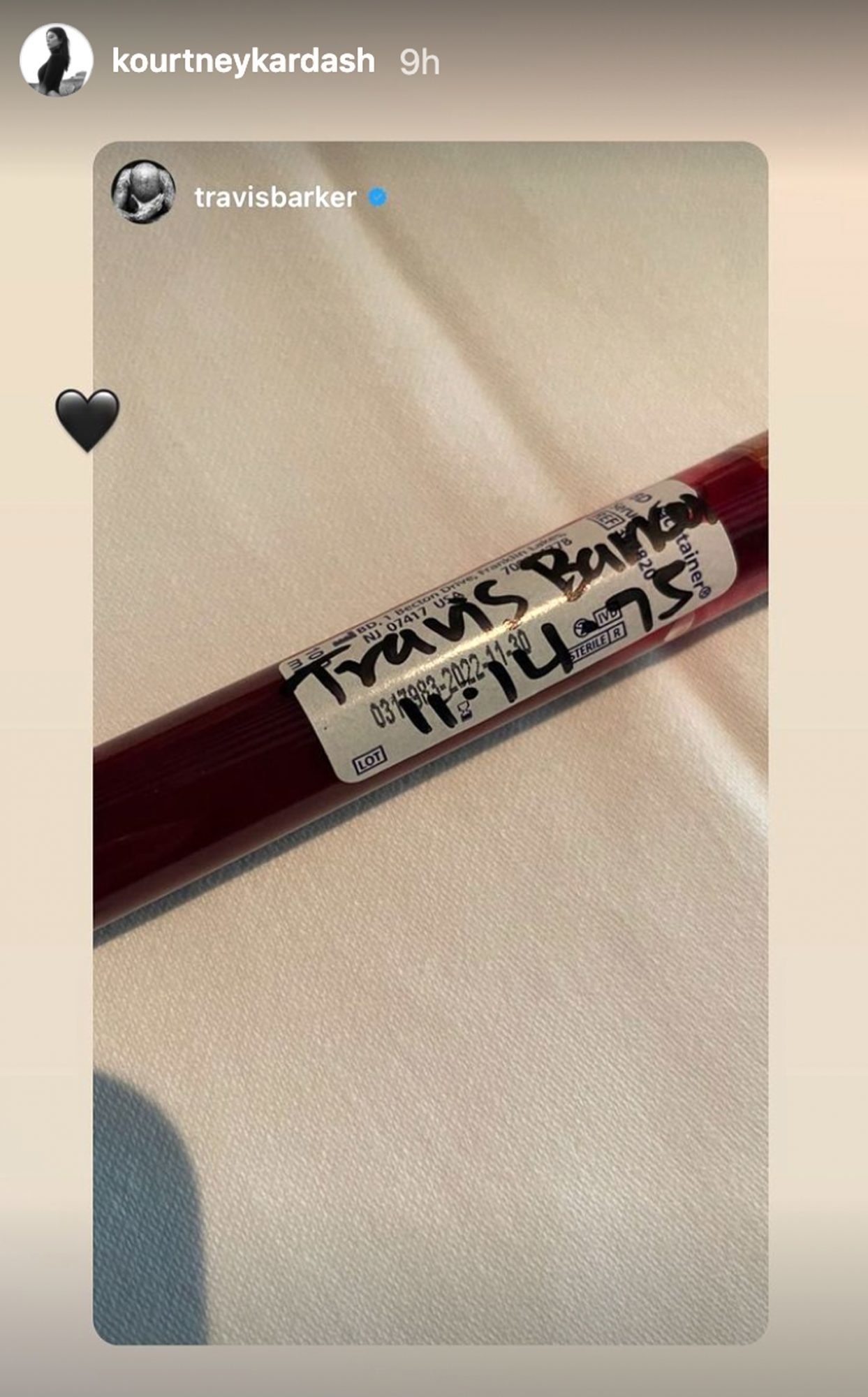 A screenshot of Travis&#x27; blood vial that Kourtney captioned with a black heart