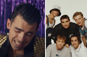 Nick Jonas is on the left singing into a mic with Backstreet Boys posing on the right