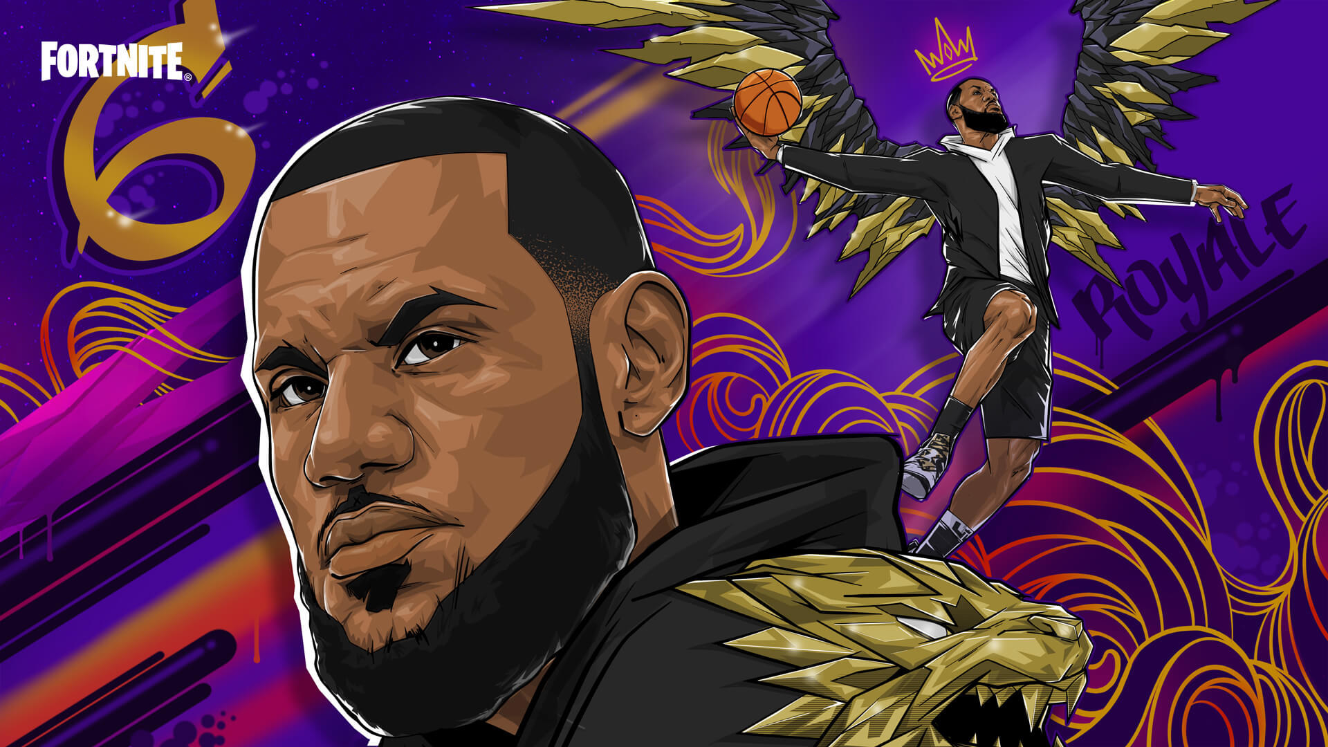 The LeBron James loading screen from the Fortnite game featuring an artistic mural of his face on a purple background.