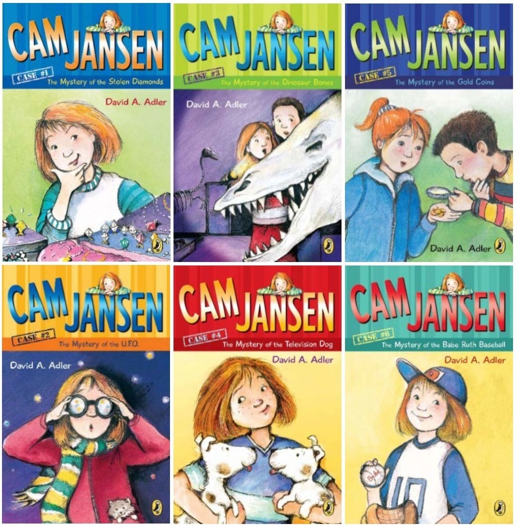 Collage of Cam Jansen books by David A. Adler, six covers featuring the titular character, a young girl with red hair