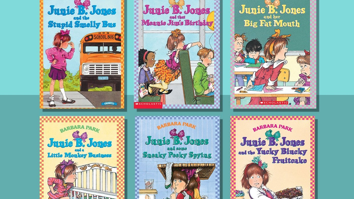 Collage of Junie B. Jones book covers, six covers featuring titular character Junie B. Jones, a girl with short hair and a bow in her hair