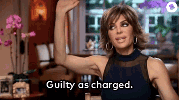 Woman saying, &quot;Guilty as charged&quot;