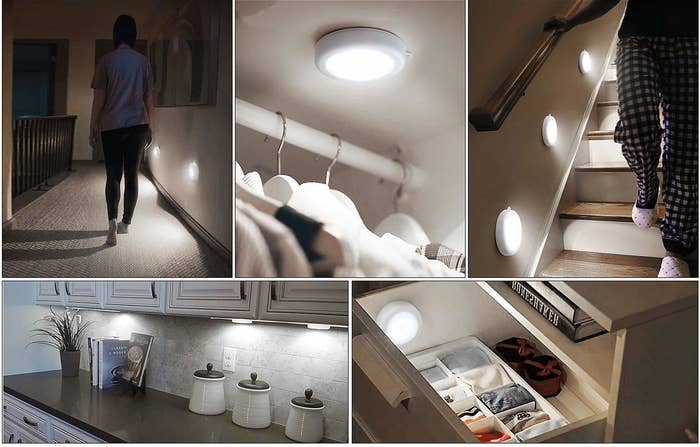 A collage showing different areas in a house with motion-sensor lights installed