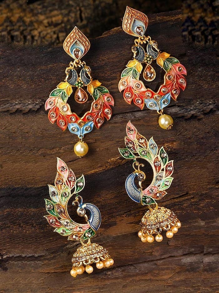 Styylo Fashion Traditional Peacock Shape White Stone Studded 2 Floor Jhumka  Earring - Styylo Fashion - 3999801