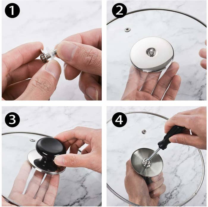 A collage showing how to install a pot lid handle in four steps