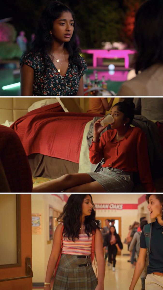 Three images of Devi wearing different outfits. In the first image, she&#x27;s wearing a floral dress. In the second one she&#x27;s wearing a red button up shirt and a gray plaid skirt. In the third she&#x27;s wearing a pink tank and gray plaid skirt