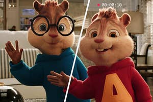 Simon and Alvin both have a hand up to wave to the camera as they vlog their day