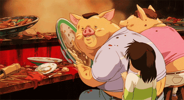 The two parents as pigs eating, then turning to see Chihiro