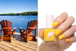 Split frame of chairs on a lake deck and ella + mila nail polish.