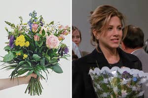 a bouquet of flowers on the left and rachel green from friends holding flowers on the right