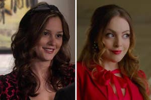 Blair Waldorf smiles brightly at someone off screen and Fallon Carrington looks off to the side while pursing her lips