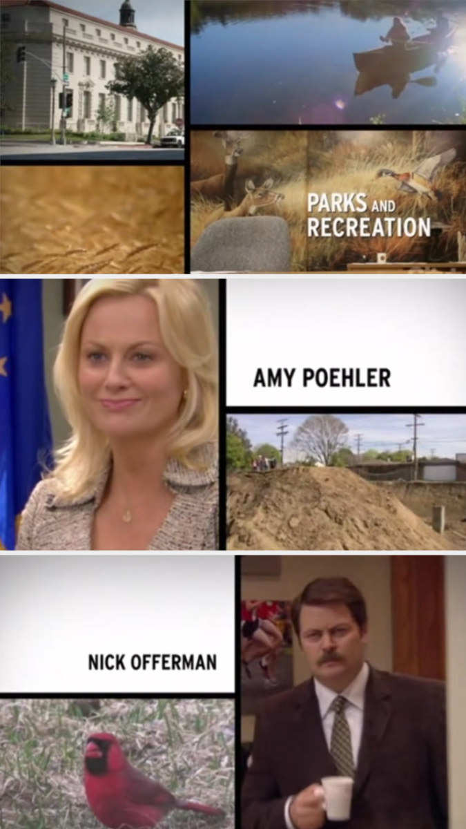 the opening of season 1 of Parks and Rec, with title card, Amy Poehler, and Nick Offerman