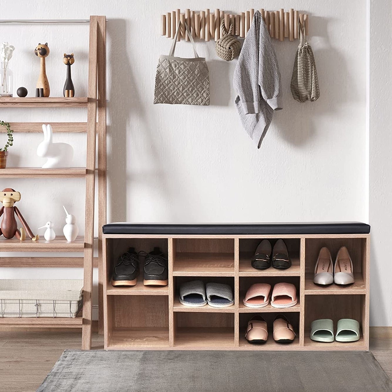 a shoe bench shelf with shoes in them