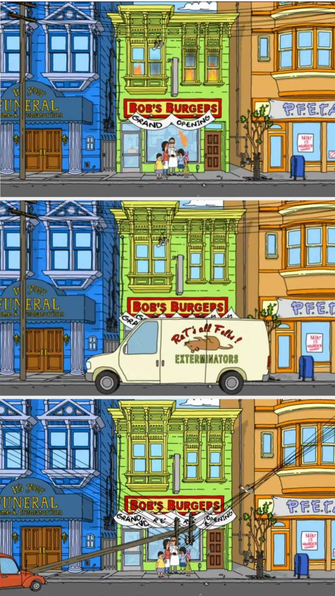 Bob&#x27;s burgers on fire, infested with rats, and underneath a fallen powerline