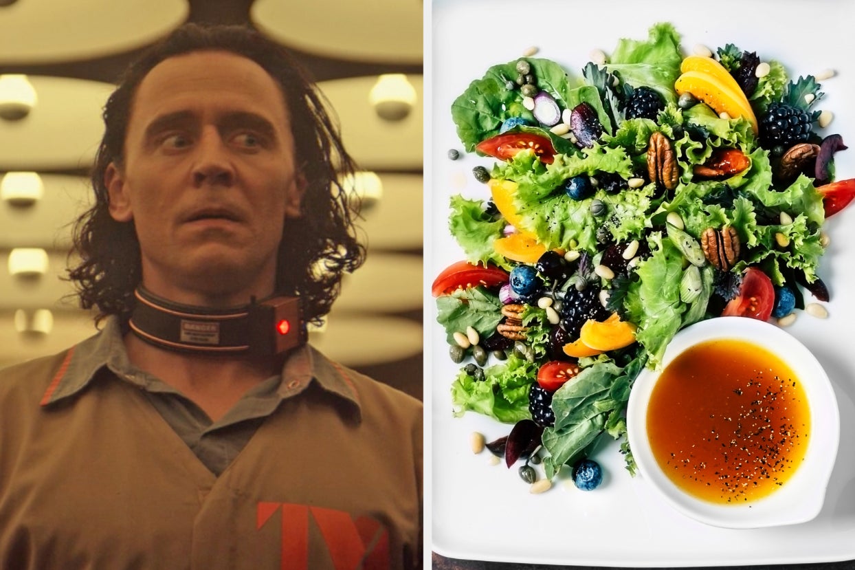 On the left, Loki, and on the right, a salad with blackberries, tomatoes, pecans, blueberries, and mango and a side of dressing