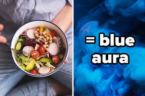 A man is holding a salad on the left with a label that reads "= blue aura"